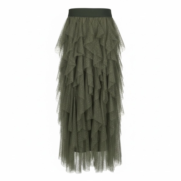 Anthropologie Chéri Ruffled Tulle Midi Skirt Green XS Tiered Flocked Dot - Picture 3 of 9